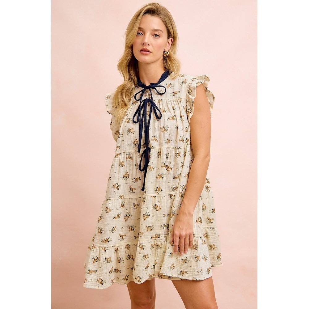 BiBi Floral Multi-tierd Dress With Ruffles And Front Tie - Oatmeal/Navy - Large - Picture 16 of 16